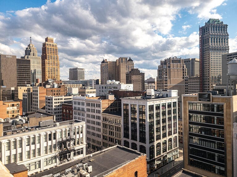 View of the Downtown Detroit skyline in Michigan taken from a rooftop.