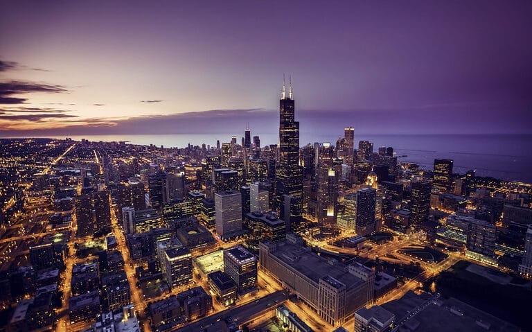 Chicago skyline aerial view at dusk.